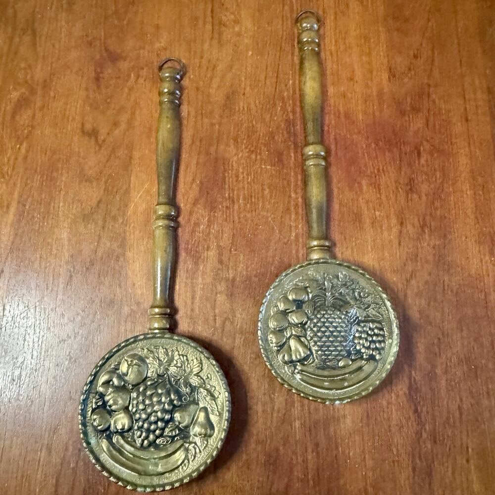 Vintage Brass Faux Bed Warmer Made in England Fruit Grape Wall Art Pair Decor